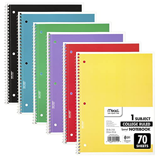 1 Subject 6 Pack 70 Sheets Colored Note Books Spiral Notebooks Home School Supplies for College Students & K-12 College Ruled Paper 10 1/2 x 8” Lined Paper Assorted Colors 